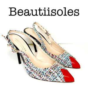 BEAUTIISOLES BY ROBYN SHREIBER | NETMulticolor Red Tweed Slingback Heels Size 10